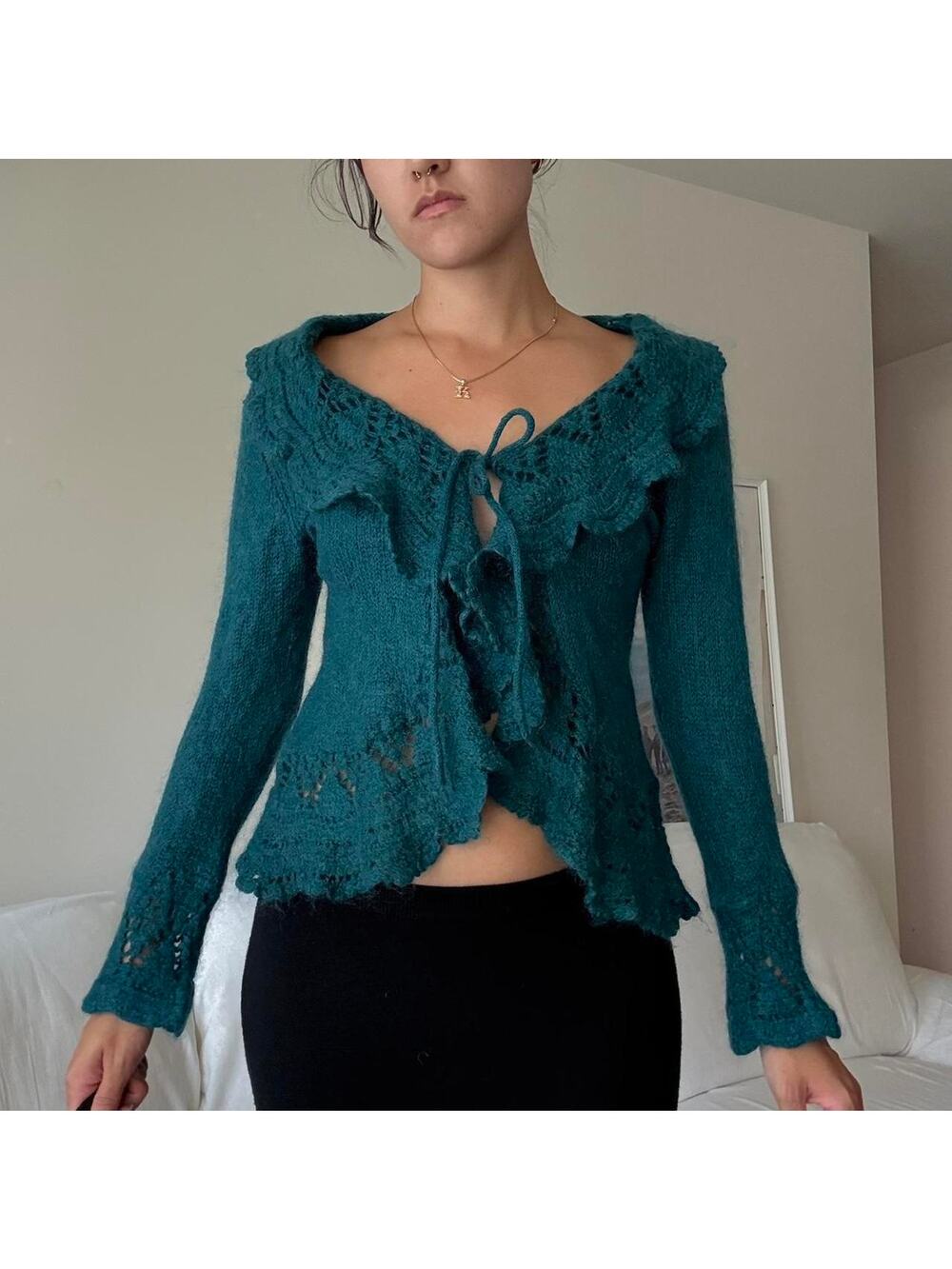 Green crochet mohair sweater